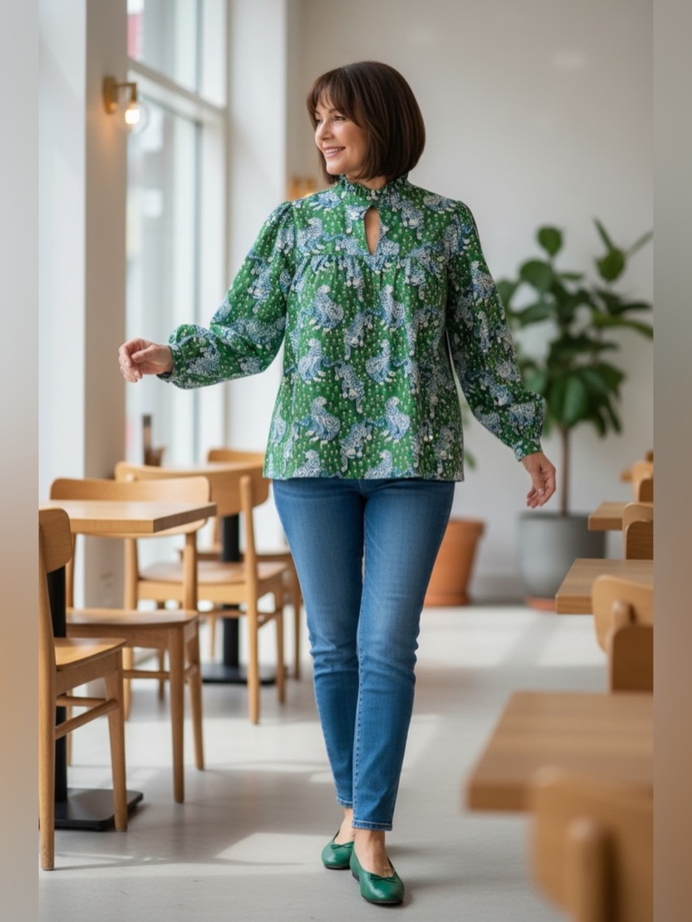 Tiger Print Green & Blue Floral Ruffled Pleated Blouse Top XXL Animal Print